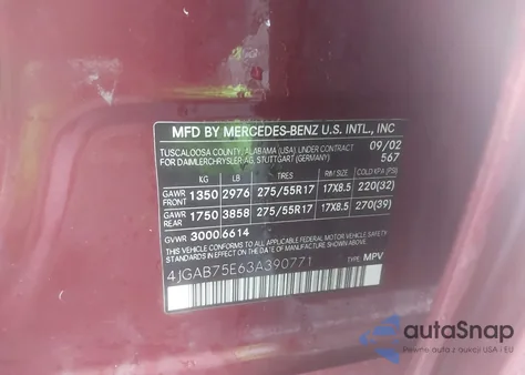 2003 Mercedes-Benz Ml 500 z USA, uszkodzony, nr VIN 4JGAB75E63A390771